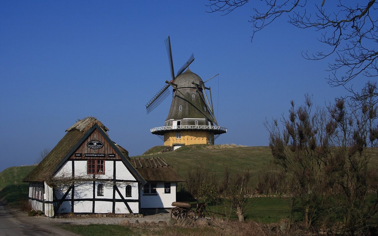 Smukt hus på Fyn med stråtag og en vindmølle i baggrunden